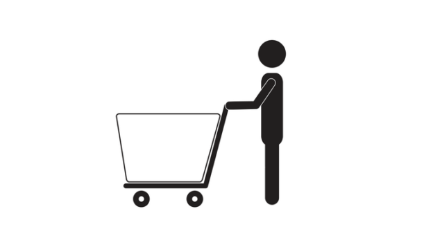 Pictogram of person with shopping cart (black and white)